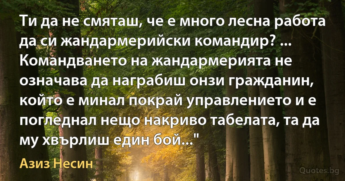 Ти да не смяташ, че е много лесна работа да си жандармерийски командир? ... Командването на жандармерията не означава да награбиш онзи гражданин, който е минал покрай управлението и е погледнал нещо накриво табелата, та да му хвърлиш един бой..." (Азиз Несин)