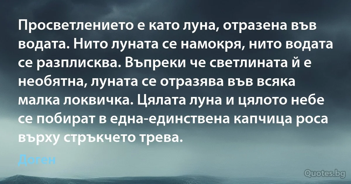 Просветлението е като луна, отразена във водата. Нито луната се намокря, нито водата се разплисква. Въпреки че светлината й е необятна, луната се отразява във всяка малка локвичка. Цялата луна и цялото небе се побират в една-единствена капчица роса върху стръкчето трева. (Доген)