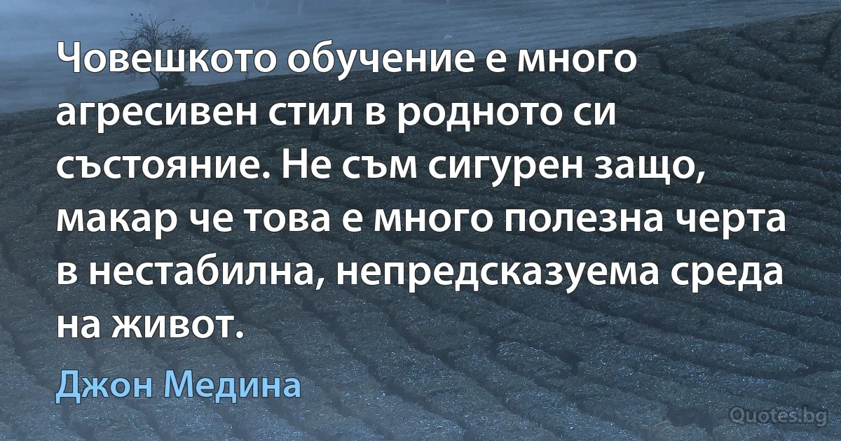 Човешкото обучение е много агресивен стил в родното си състояние. Не съм сигурен защо, макар че това е много полезна черта в нестабилна, непредсказуема среда на живот. (Джон Медина)