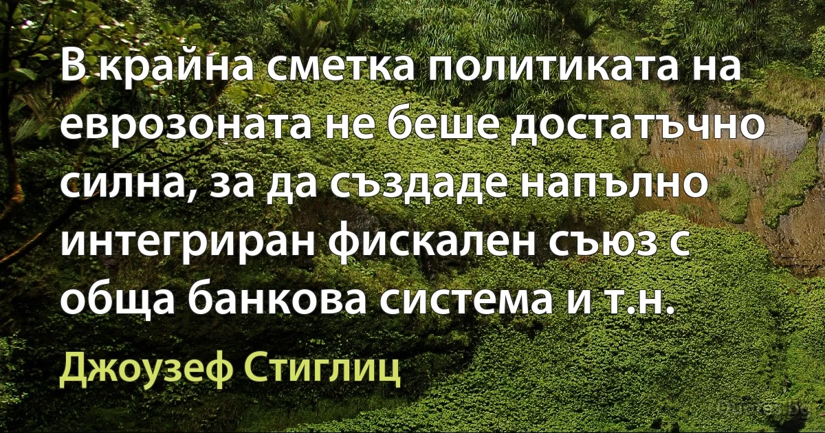 В крайна сметка политиката на еврозоната не беше достатъчно силна, за да създаде напълно интегриран фискален съюз с обща банкова система и т.н. (Джоузеф Стиглиц)