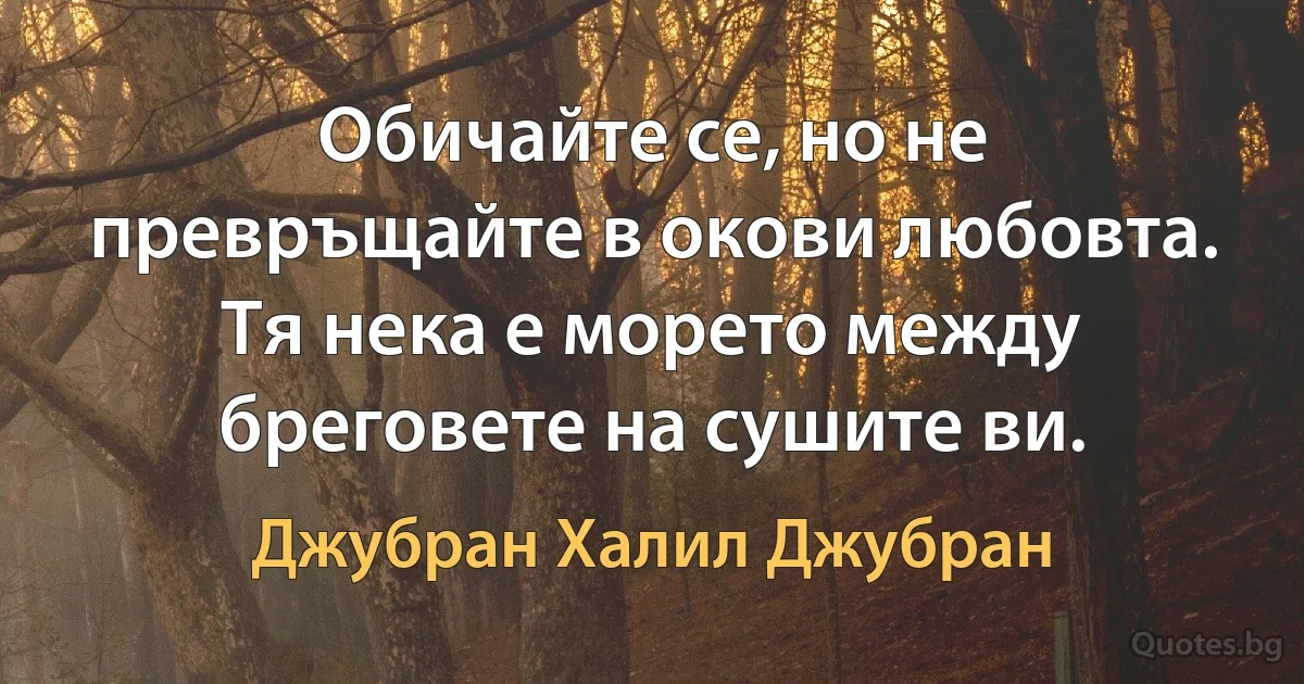 Обичайте се, но не превръщайте в окови любовта. Тя нека е морето между бреговете на сушите ви. (Джубран Халил Джубран)