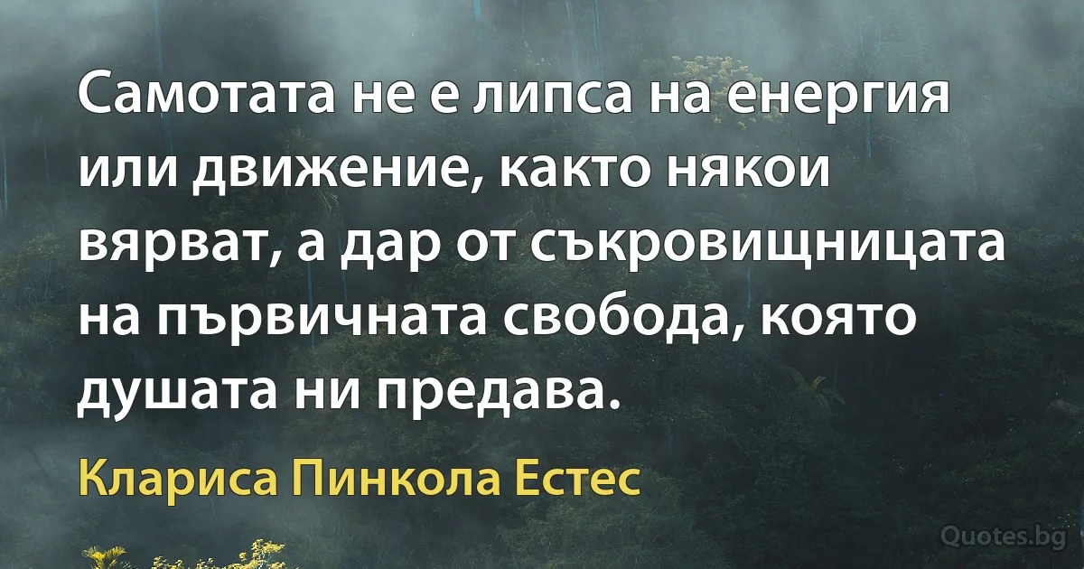 Самотата не е липса на енергия или движение, както някои вярват, а дар от съкровищницата на първичната свобода, която душата ни предава. (Клариса Пинкола Естес)