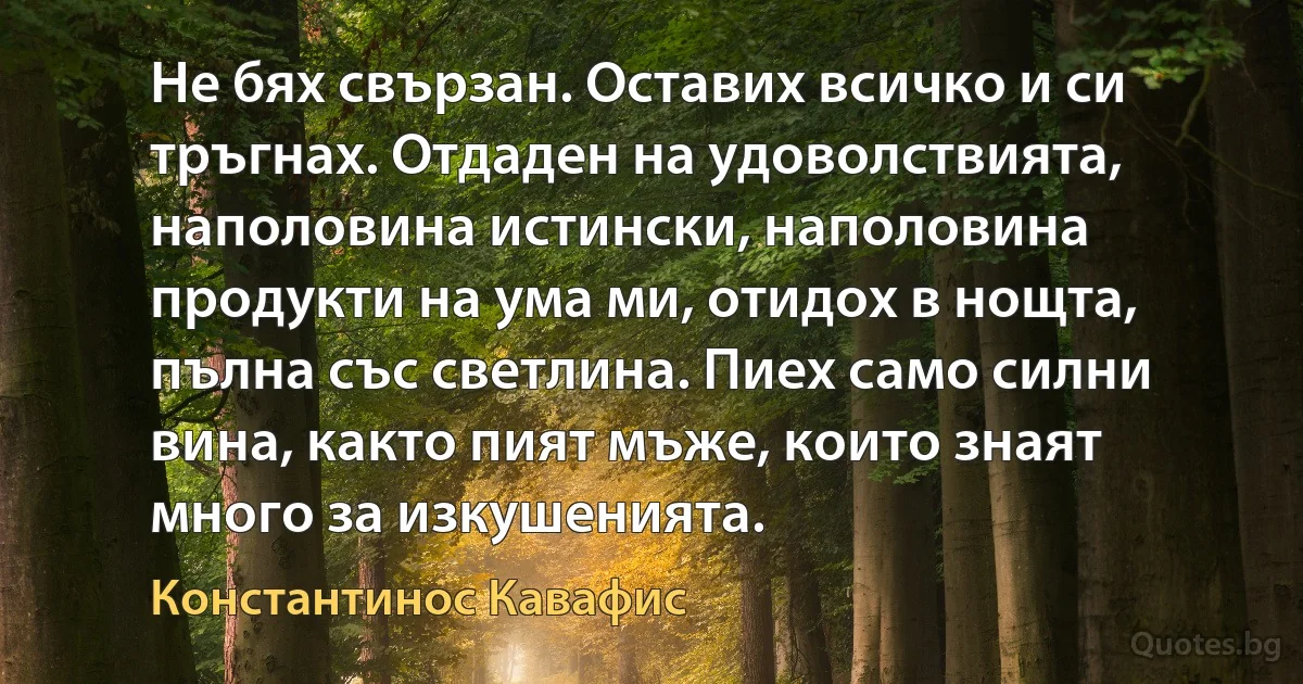 Не бях свързан. Оставих всичко и си тръгнах. Отдаден на удоволствията, наполовина истински, наполовина продукти на ума ми, отидох в нощта, пълна със светлина. Пиех само силни вина, както пият мъже, които знаят много за изкушенията. (Константинос Кавафис)