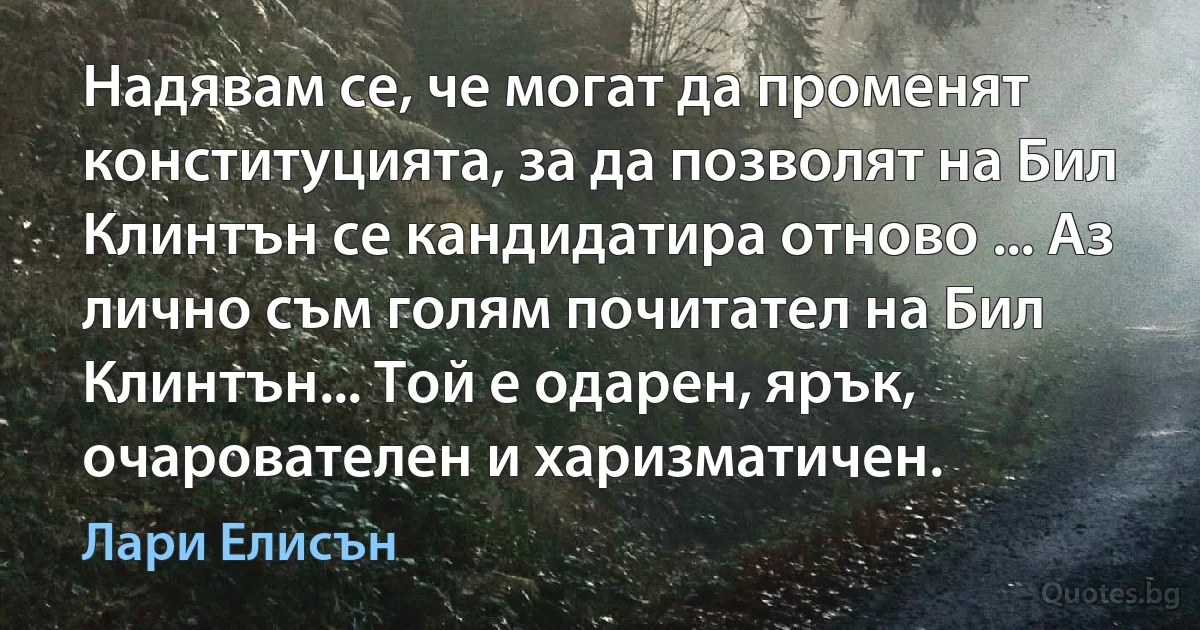 Надявам се, че могат да променят конституцията, за да позволят на Бил Клинтън се кандидатира отново ... Аз лично съм голям почитател на Бил Клинтън... Той е одарен, ярък, очарователен и харизматичен. (Лари Елисън)