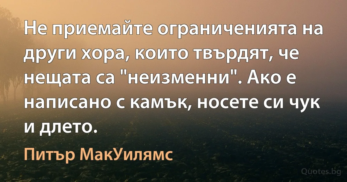 Не приемайте ограниченията на други хора, които твърдят, че нещата са "неизменни". Ако е написано с камък, носете си чук и длето. (Питър МакУилямс)