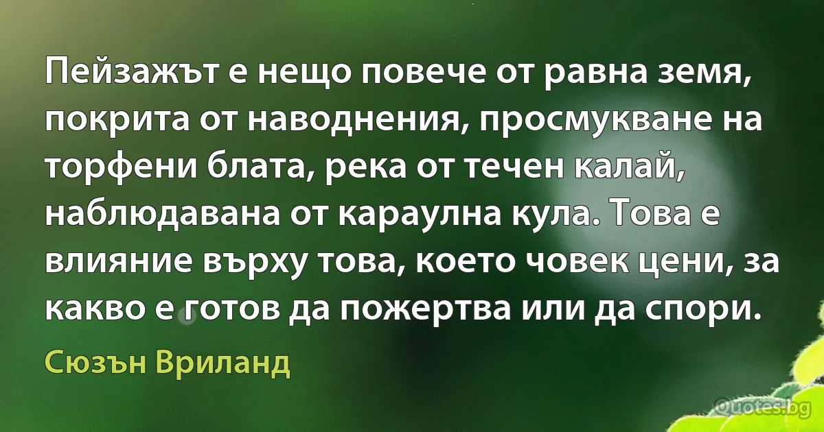 Пейзажът е нещо повече от равна земя, покрита от наводнения, просмукване на торфени блата, река от течен калай, наблюдавана от караулна кула. Това е влияние върху това, което човек цени, за какво е готов да пожертва или да спори. (Сюзън Вриланд)