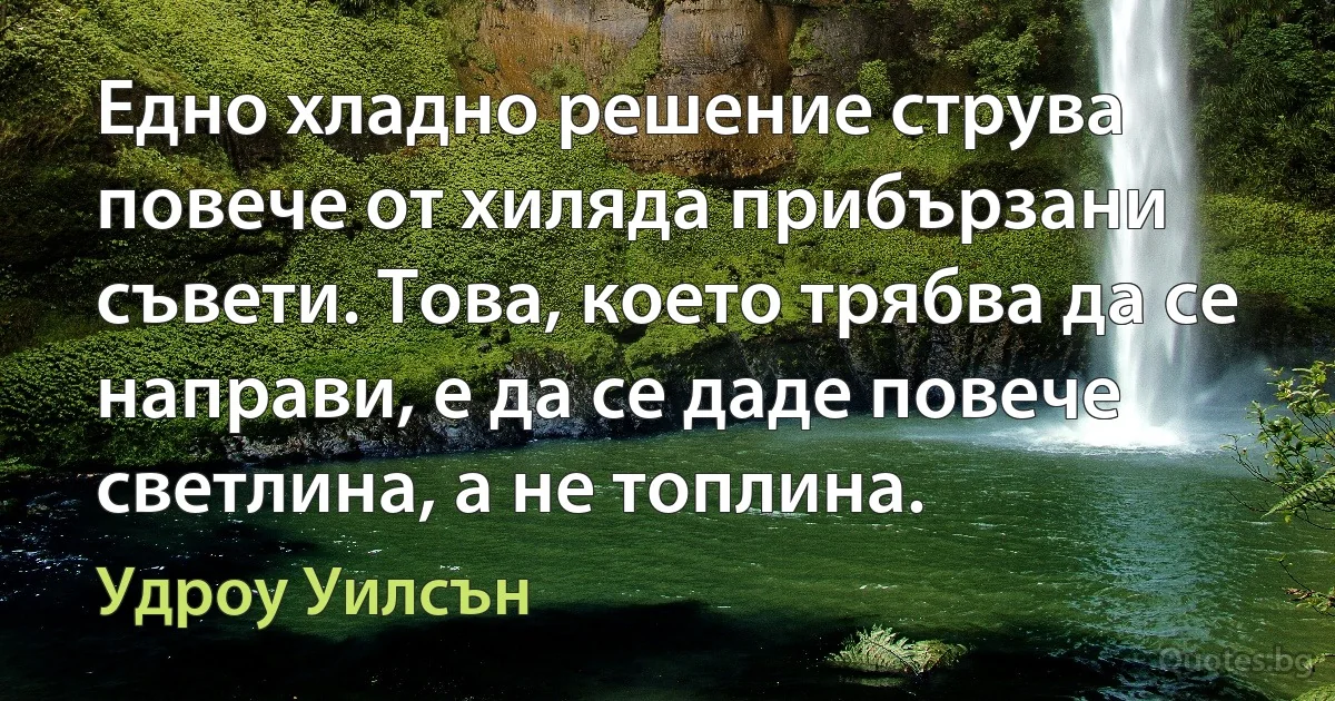 Едно хладно решение струва повече от хиляда прибързани съвети. Това, което трябва да се направи, е да се даде повече светлина, а не топлина. (Удроу Уилсън)