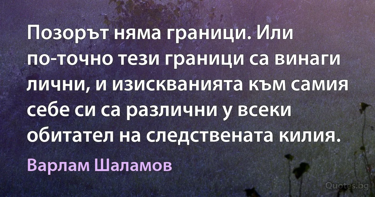 Позорът няма граници. Или по-точно тези граници са винаги лични, и изискванията към самия себе си са различни у всеки обитател на следствената килия. (Варлам Шаламов)