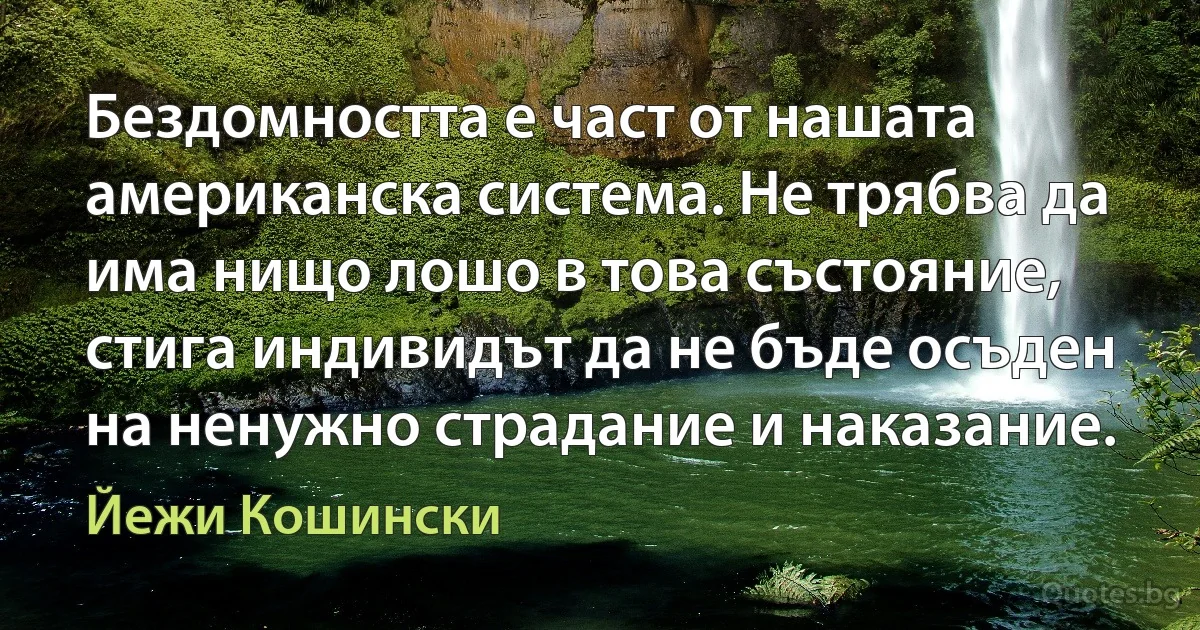 Бездомността е част от нашата американска система. Не трябва да има нищо лошо в това състояние, стига индивидът да не бъде осъден на ненужно страдание и наказание. (Йежи Кошински)