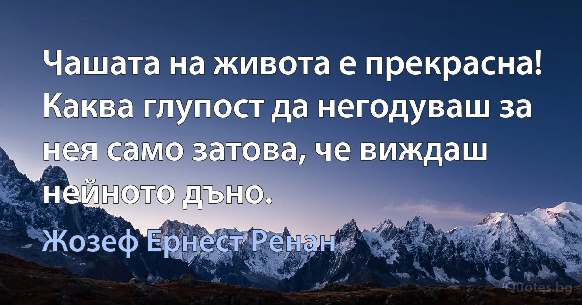 Чашата на живота е прекрасна! Каква глупост да негодуваш за нея само затова, че виждаш нейното дъно. (Жозеф Ернест Ренан)