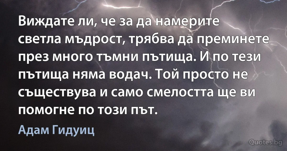 Виждате ли, че за да намерите светла мъдрост, трябва да преминете през много тъмни пътища. И по тези пътища няма водач. Той просто не съществува и само смелостта ще ви помогне по този път. (Адам Гидуиц)