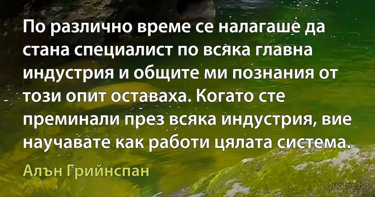 По различно време се налагаше да стана специалист по всяка главна индустрия и общите ми познания от този опит оставаха. Когато сте преминали през всяка индустрия, вие научавате как работи цялата система. (Алън Грийнспан)