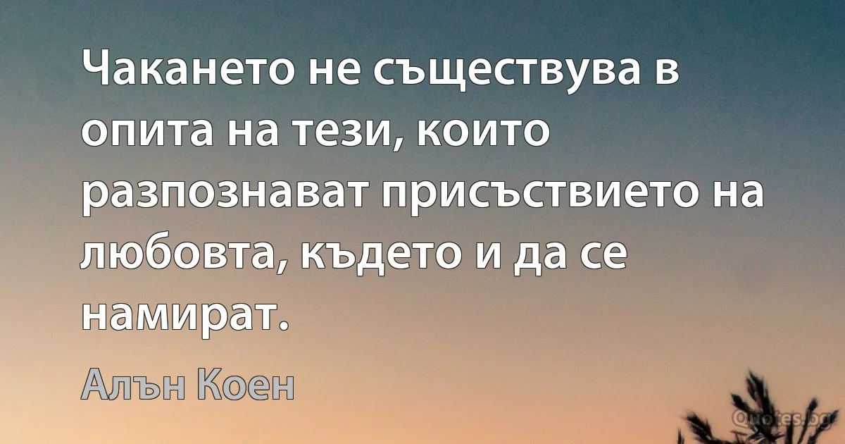 Чакането не съществува в опита на тези, които разпознават присъствието на любовта, където и да се намират. (Алън Коен)