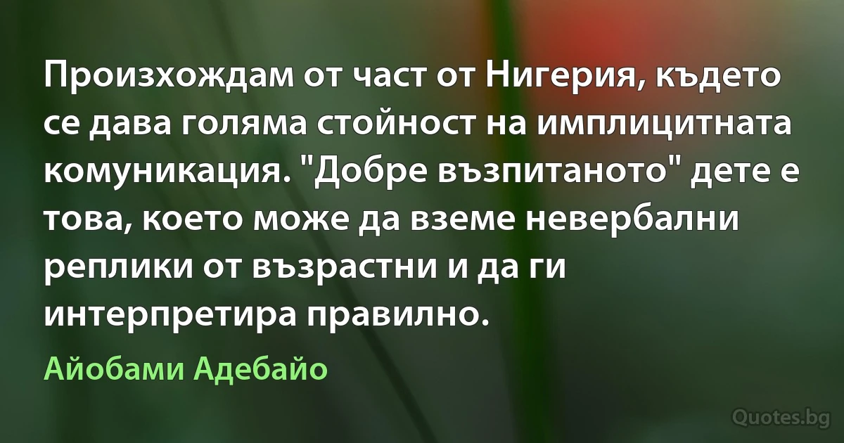 Произхождам от част от Нигерия, където се дава голяма стойност на имплицитната комуникация. "Добре възпитаното" дете е това, което може да вземе невербални реплики от възрастни и да ги интерпретира правилно. (Айобами Адебайо)