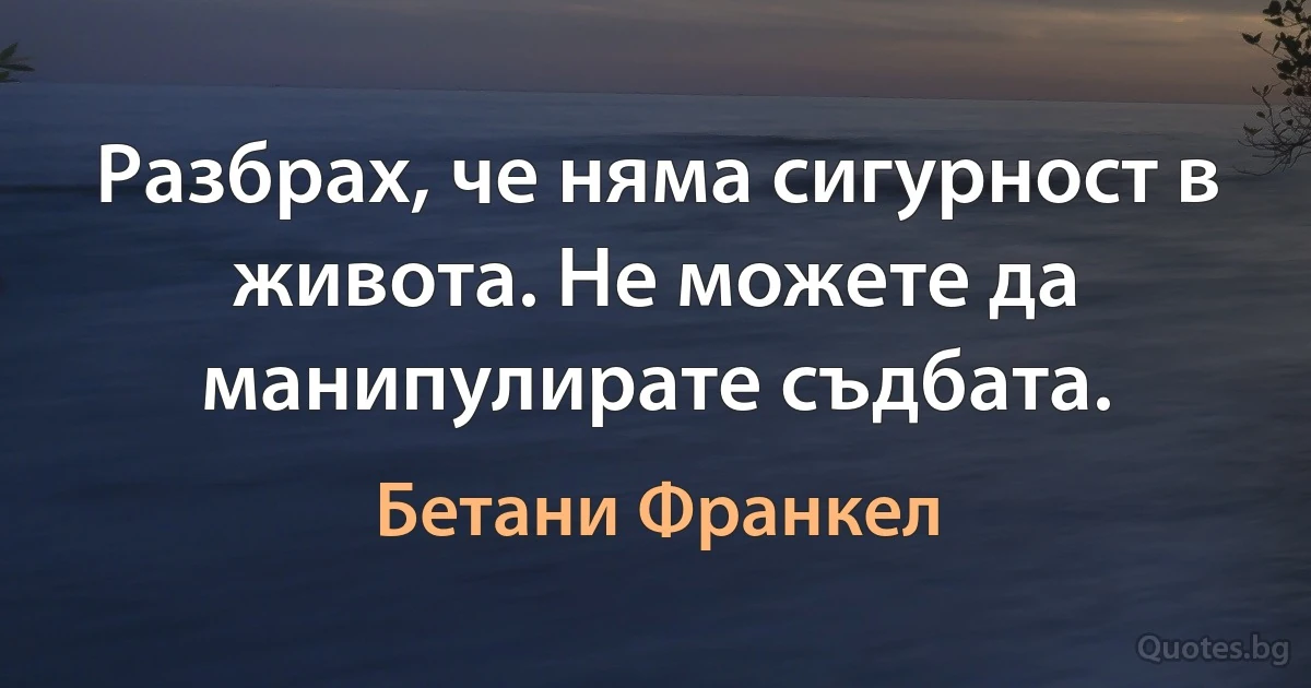 Разбрах, че няма сигурност в живота. Не можете да манипулирате съдбата. (Бетани Франкел)