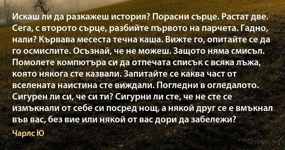 Искаш ли да разкажеш история? Порасни сърце. Растат две. Сега, с второто сърце, разбийте първото на парчета. Гадно, нали? Кървава месеста течна каша. Вижте го, опитайте се да го осмислите. Осъзнай, че не можеш. Защото няма смисъл. Помолете компютъра си да отпечата списък с всяка лъжа, която някога сте казвали. Запитайте се каква част от вселената наистина сте виждали. Погледни в огледалото. Сигурен ли си, че си ти? Сигурни ли сте, че не сте се измъкнали от себе си посред нощ, а някой друг се е вмъкнал във вас, без вие или някой от вас дори да забележи? (Чарлс Ю)