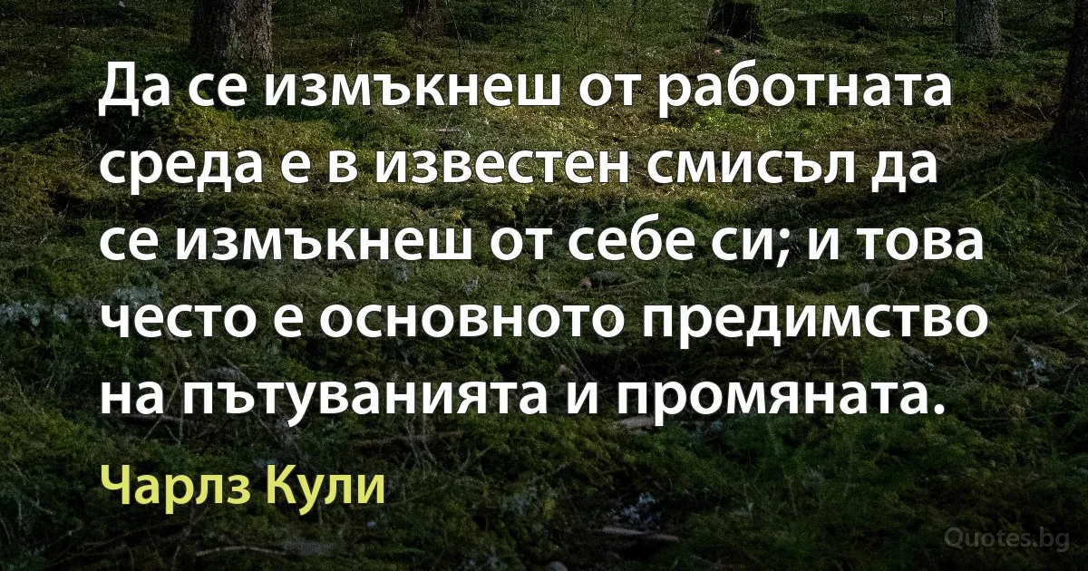 Да се измъкнеш от работната среда е в известен смисъл да се измъкнеш от себе си; и това често е основното предимство на пътуванията и промяната. (Чарлз Кули)