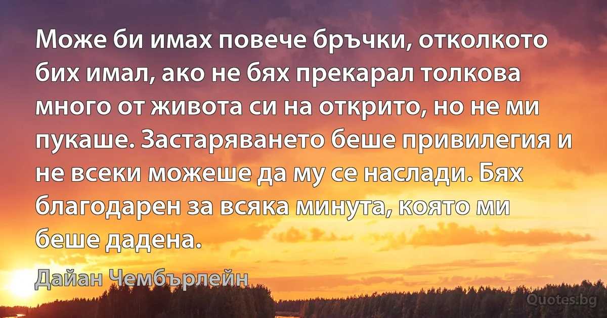 Може би имах повече бръчки, отколкото бих имал, ако не бях прекарал толкова много от живота си на открито, но не ми пукаше. Застаряването беше привилегия и не всеки можеше да му се наслади. Бях благодарен за всяка минута, която ми беше дадена. (Дайан Чембърлейн)