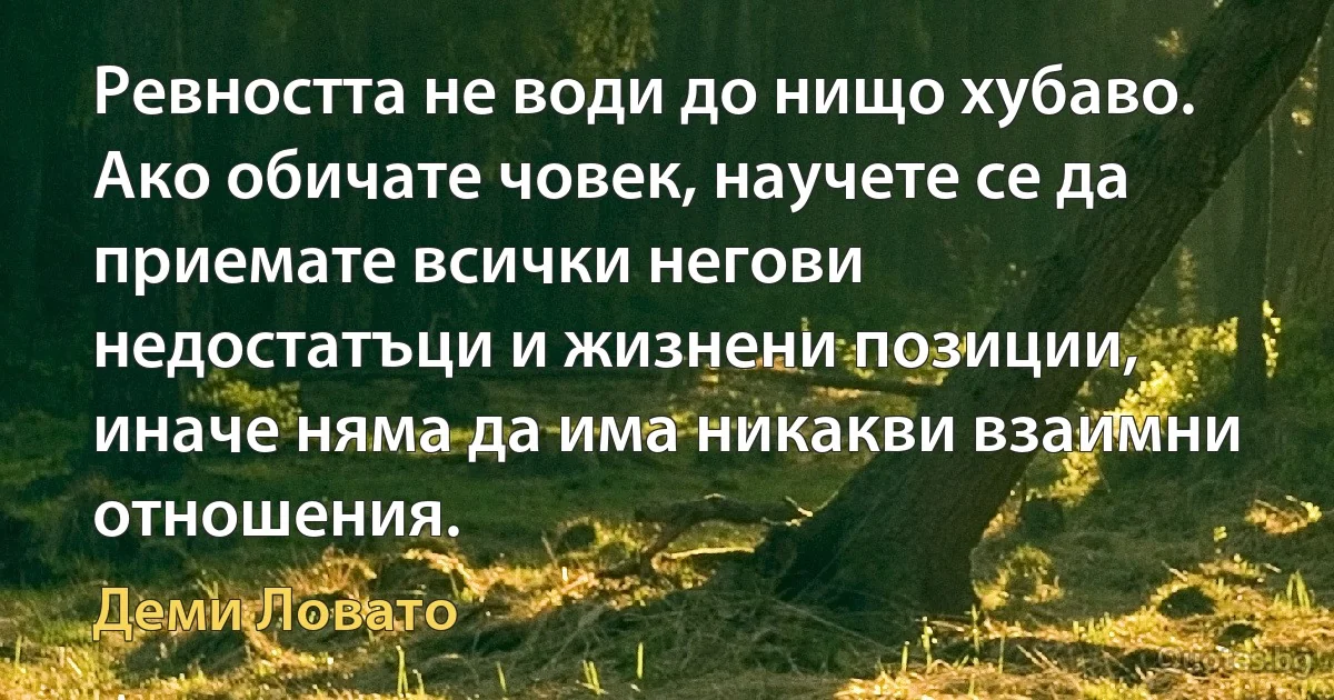 Ревността не води до нищо хубаво. Ако обичате човек, научете се да приемате всички негови недостатъци и жизнени позиции, иначе няма да има никакви взаимни отношения. (Деми Ловато)