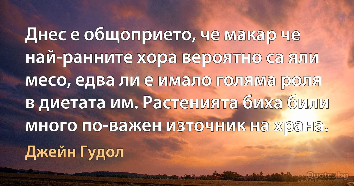 Днес е общоприето, че макар че най-ранните хора вероятно са яли месо, едва ли е имало голяма роля в диетата им. Растенията биха били много по-важен източник на храна. (Джейн Гудол)