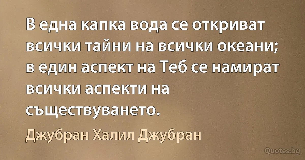 В една капка вода се откриват всички тайни на всички океани; в един аспект на Теб се намират всички аспекти на съществуването. (Джубран Халил Джубран)