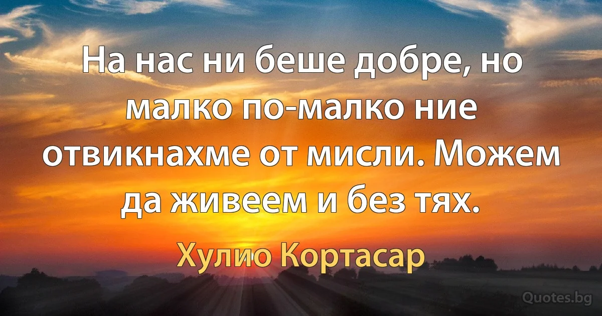 На нас ни беше добре, но малко по-малко ние отвикнахме от мисли. Можем да живеем и без тях. (Хулио Кортасар)