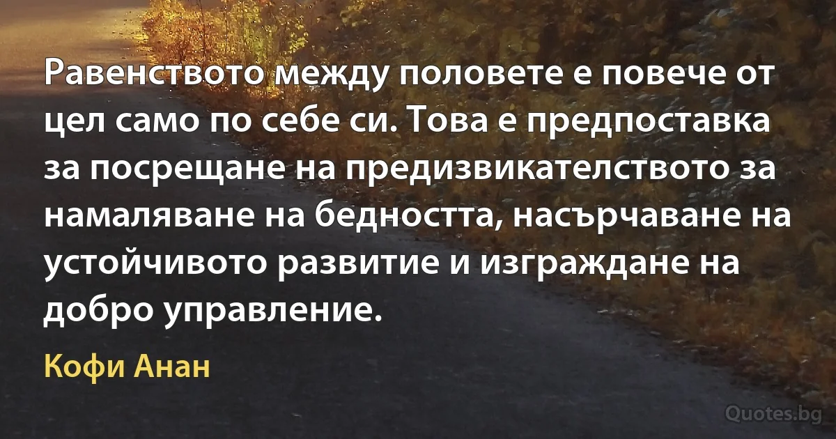 Равенството между половете е повече от цел само по себе си. Това е предпоставка за посрещане на предизвикателството за намаляване на бедността, насърчаване на устойчивото развитие и изграждане на добро управление. (Кофи Анан)