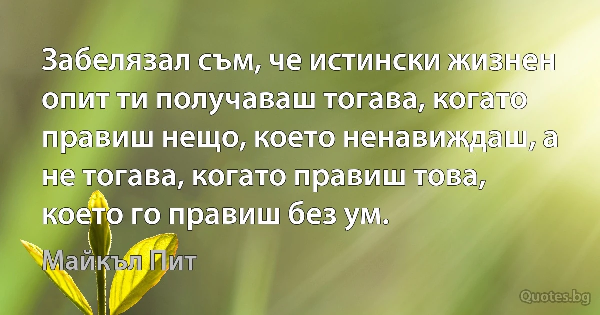 Забелязал съм, че истински жизнен опит ти получаваш тогава, когато правиш нещо, което ненавиждаш, а не тогава, когато правиш това, което го правиш без ум. (Майкъл Пит)