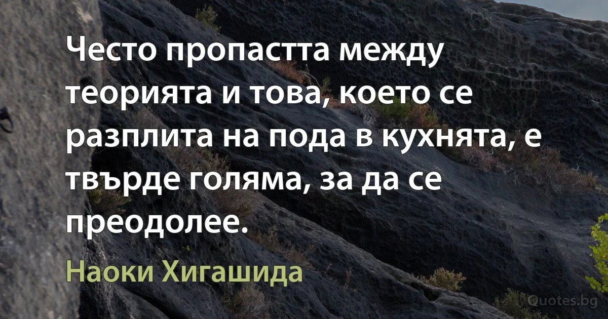 Често пропастта между теорията и това, което се разплита на пода в кухнята, е твърде голяма, за да се преодолее. (Наоки Хигашида)