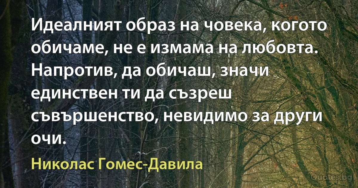 Идеалният образ на човека, когото обичаме, не е измама на любовта. Напротив, да обичаш, значи единствен ти да съзреш съвършенство, невидимо за други очи. (Николас Гомес-Давила)