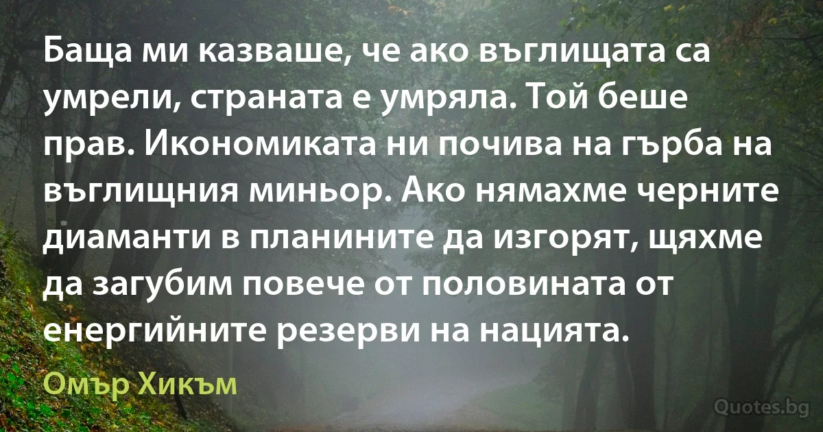 Баща ми казваше, че ако въглищата са умрели, страната е умряла. Той беше прав. Икономиката ни почива на гърба на въглищния миньор. Ако нямахме черните диаманти в планините да изгорят, щяхме да загубим повече от половината от енергийните резерви на нацията. (Омър Хикъм)