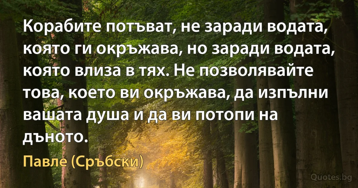 Корабите потъват, не заради водата, която ги окръжава, но заради водата, която влиза в тях. Не позволявайте това, което ви окръжава, да изпълни вашата душа и да ви потопи на дъното. (Павле (Сръбски))