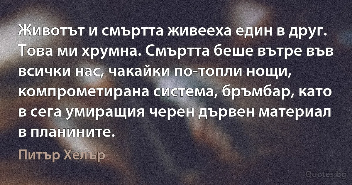 Животът и смъртта живееха един в друг. Това ми хрумна. Смъртта беше вътре във всички нас, чакайки по-топли нощи, компрометирана система, бръмбар, като в сега умиращия черен дървен материал в планините. (Питър Хелър)