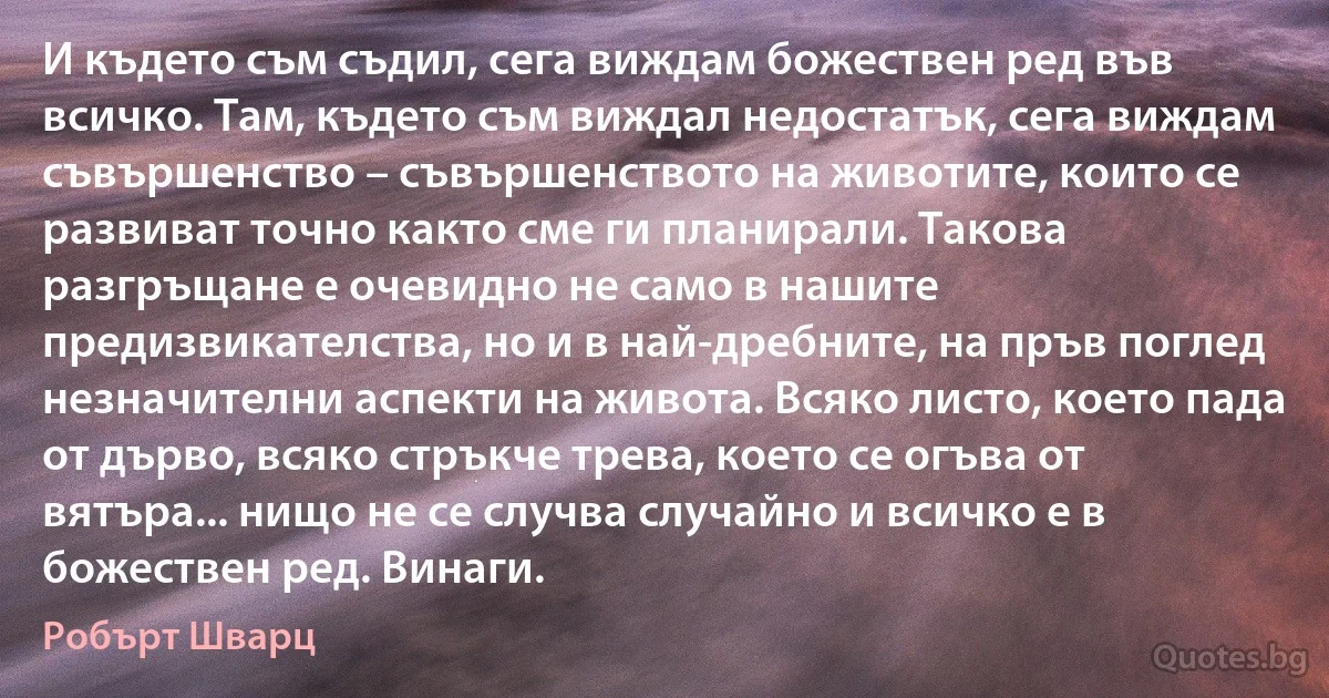 И където съм съдил, сега виждам божествен ред във всичко. Там, където съм виждал недостатък, сега виждам съвършенство – съвършенството на животите, които се развиват точно както сме ги планирали. Такова разгръщане е очевидно не само в нашите предизвикателства, но и в най-дребните, на пръв поглед незначителни аспекти на живота. Всяко листо, което пада от дърво, всяко стръкче трева, което се огъва от вятъра... нищо не се случва случайно и всичко е в божествен ред. Винаги. (Робърт Шварц)