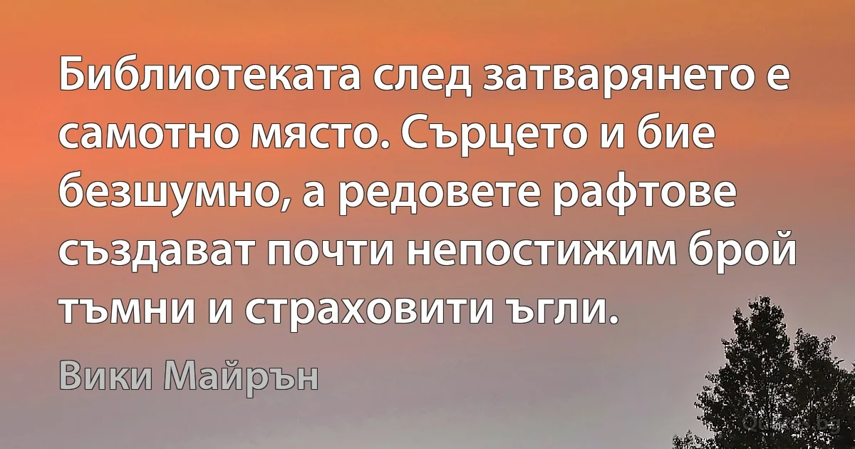 Библиотеката след затварянето е самотно място. Сърцето и бие безшумно, а редовете рафтове създават почти непостижим брой тъмни и страховити ъгли. (Вики Майрън)