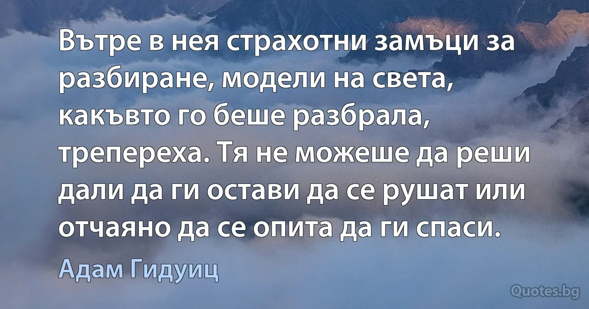 Вътре в нея страхотни замъци за разбиране, модели на света, какъвто го беше разбрала, трепереха. Тя не можеше да реши дали да ги остави да се рушат или отчаяно да се опита да ги спаси. (Адам Гидуиц)