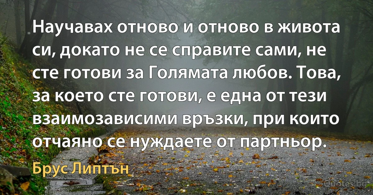 Научавах отново и отново в живота си, докато не се справите сами, не сте готови за Голямата любов. Това, за което сте готови, е една от тези взаимозависими връзки, при които отчаяно се нуждаете от партньор. (Брус Липтън)