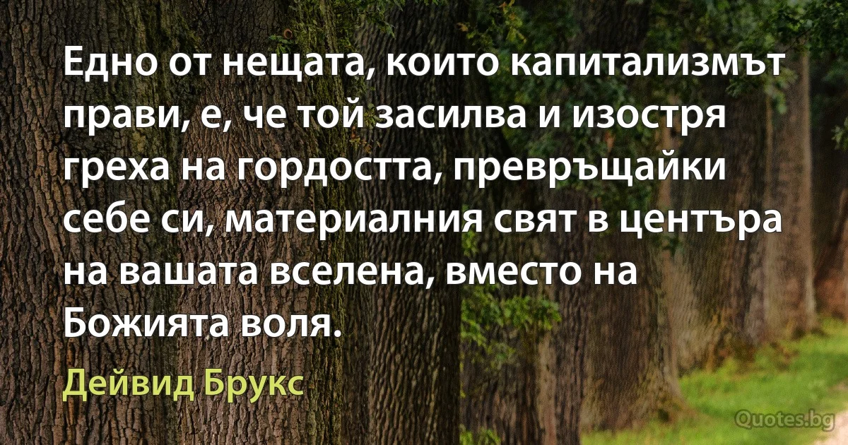 Едно от нещата, които капитализмът прави, е, че той засилва и изостря греха на гордостта, превръщайки себе си, материалния свят в центъра на вашата вселена, вместо на Божията воля. (Дейвид Брукс)