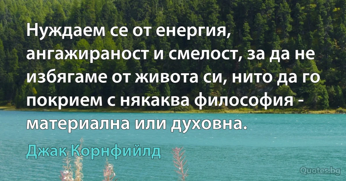 Нуждаем се от енергия, ангажираност и смелост, за да не избягаме от живота си, нито да го покрием с някаква философия - материална или духовна. (Джак Корнфийлд)