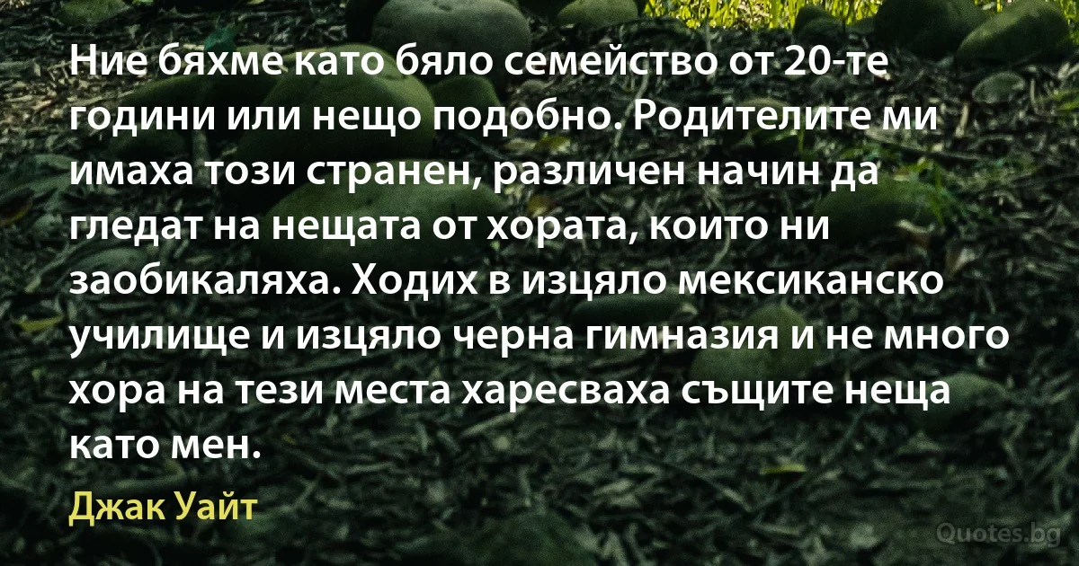 Ние бяхме като бяло семейство от 20-те години или нещо подобно. Родителите ми имаха този странен, различен начин да гледат на нещата от хората, които ни заобикаляха. Ходих в изцяло мексиканско училище и изцяло черна гимназия и не много хора на тези места харесваха същите неща като мен. (Джак Уайт)