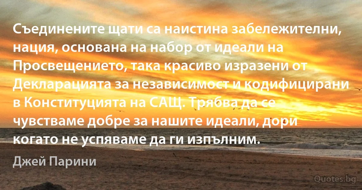 Съединените щати са наистина забележителни, нация, основана на набор от идеали на Просвещението, така красиво изразени от Декларацията за независимост и кодифицирани в Конституцията на САЩ. Трябва да се чувстваме добре за нашите идеали, дори когато не успяваме да ги изпълним. (Джей Парини)