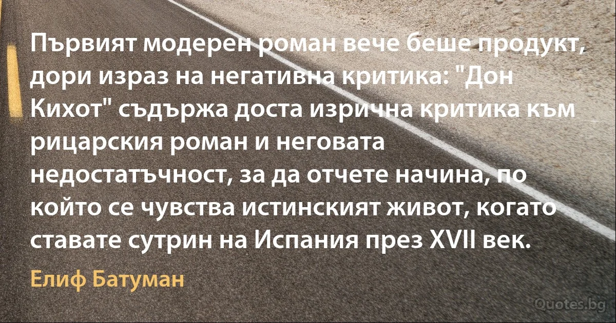 Първият модерен роман вече беше продукт, дори израз на негативна критика: "Дон Кихот" съдържа доста изрична критика към рицарския роман и неговата недостатъчност, за да отчете начина, по който се чувства истинският живот, когато ставате сутрин на Испания през XVII век. (Елиф Батуман)