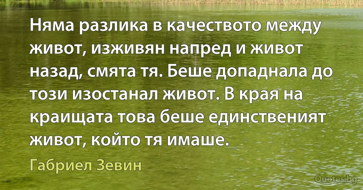 Няма разлика в качеството между живот, изживян напред и живот назад, смята тя. Беше допаднала до този изостанал живот. В края на краищата това беше единственият живот, който тя имаше. (Габриел Зевин)