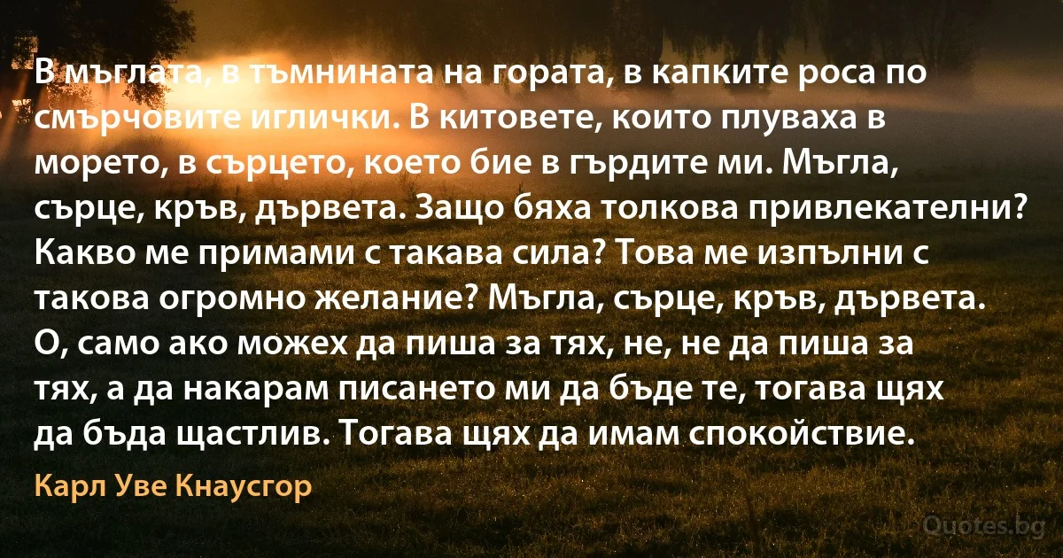 В мъглата, в тъмнината на гората, в капките роса по смърчовите иглички. В китовете, които плуваха в морето, в сърцето, което бие в гърдите ми. Мъгла, сърце, кръв, дървета. Защо бяха толкова привлекателни? Какво ме примами с такава сила? Това ме изпълни с такова огромно желание? Мъгла, сърце, кръв, дървета. О, само ако можех да пиша за тях, не, не да пиша за тях, а да накарам писането ми да бъде те, тогава щях да бъда щастлив. Тогава щях да имам спокойствие. (Карл Уве Кнаусгор)