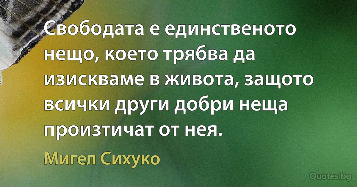 Свободата е единственото нещо, което трябва да изискваме в живота, защото всички други добри неща произтичат от нея. (Мигел Сихуко)