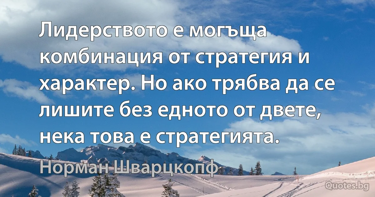 Лидерството е могъща комбинация от стратегия и характер. Но ако трябва да се лишите без едното от двете, нека това е стратегията. (Норман Шварцкопф)