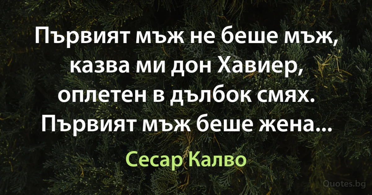 Първият мъж не беше мъж, казва ми дон Хавиер, оплетен в дълбок смях. Първият мъж беше жена... (Сесар Калво)