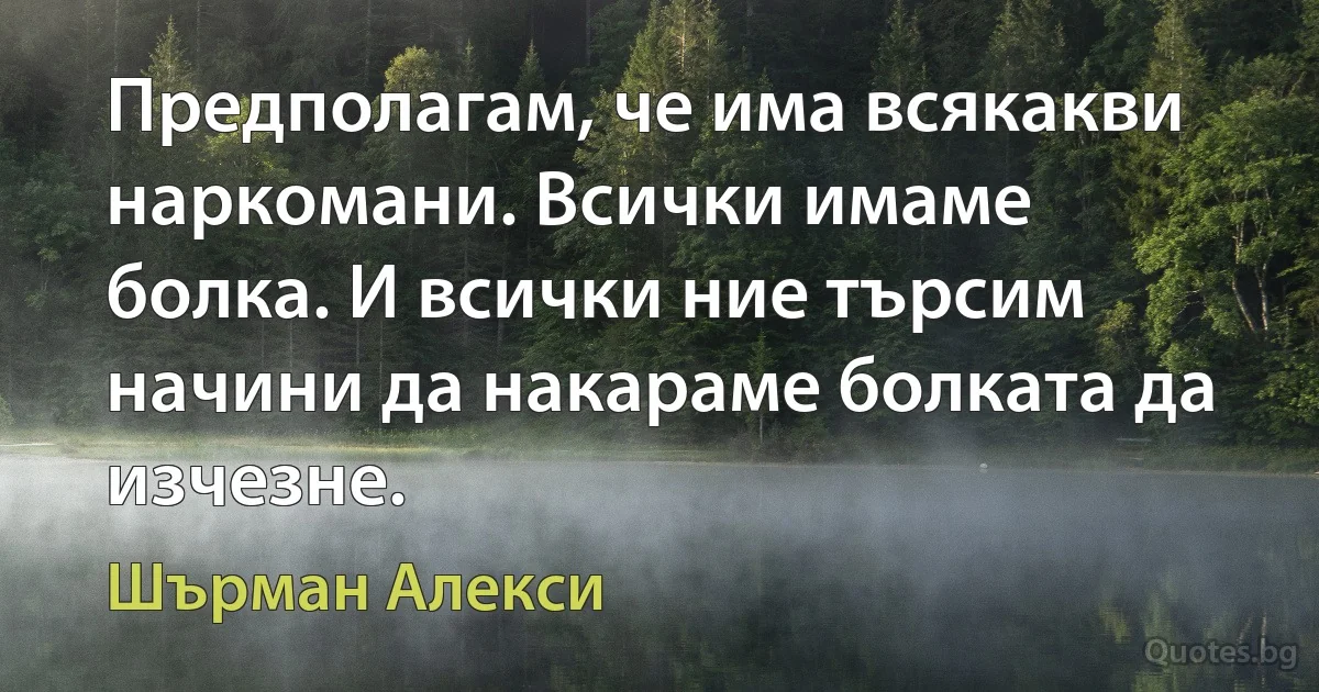 Предполагам, че има всякакви наркомани. Всички имаме болка. И всички ние търсим начини да накараме болката да изчезне. (Шърман Алекси)