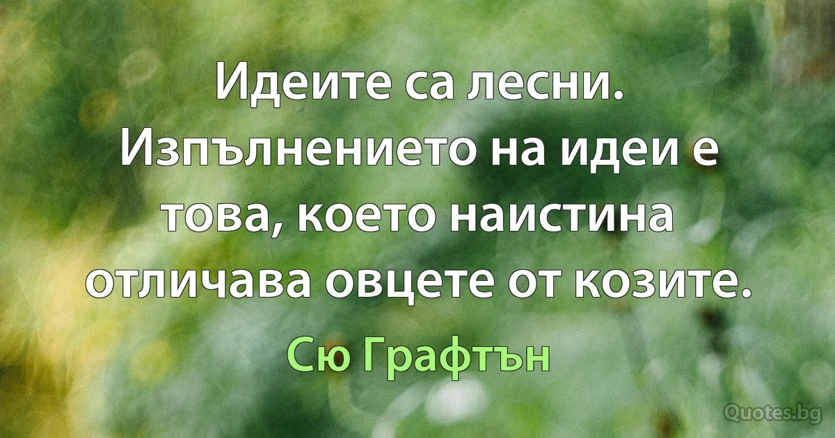 Идеите са лесни. Изпълнението на идеи е това, което наистина отличава овцете от козите. (Сю Графтън)