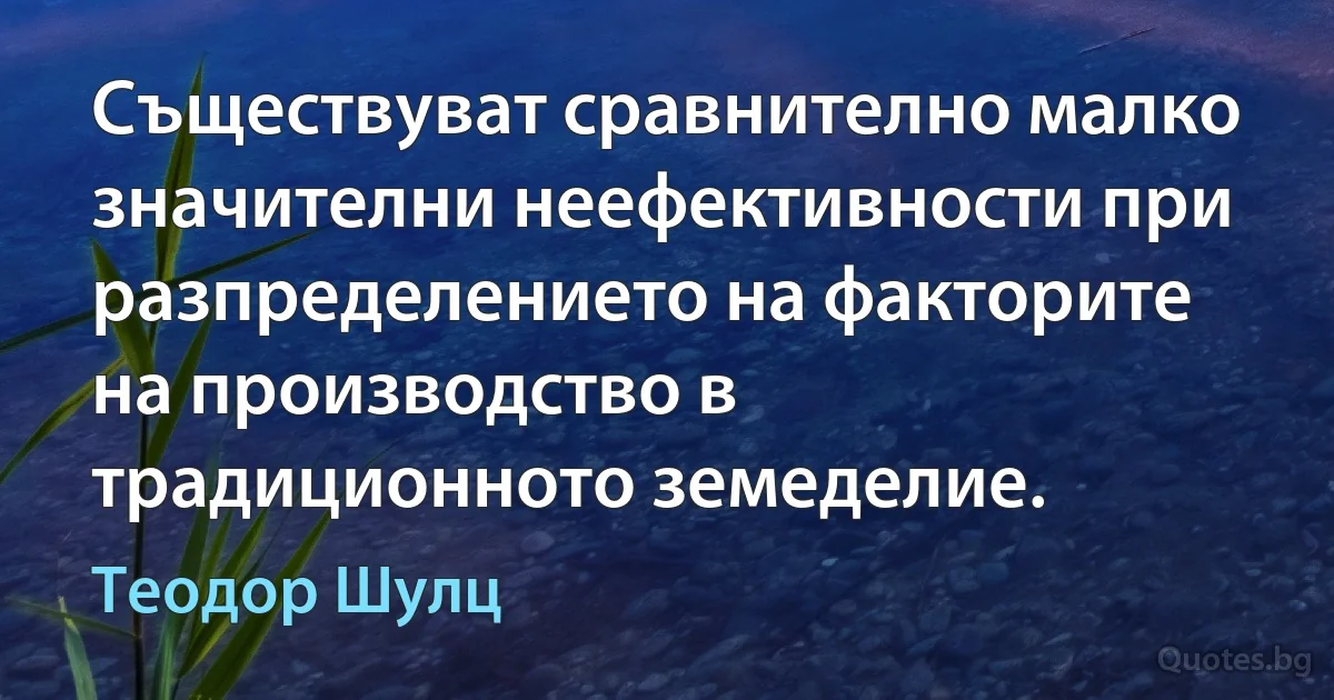 Съществуват сравнително малко значителни неефективности при разпределението на факторите на производство в традиционното земеделие. (Теодор Шулц)